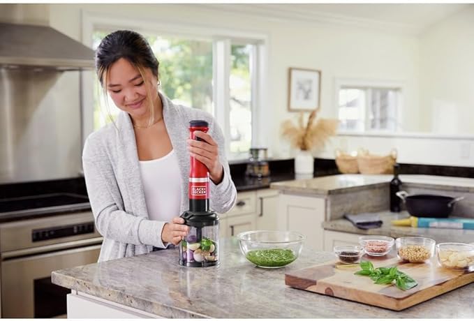 BLACK+DECKER Kitchen Wand Cordless Immersion Blender 4 in 1 Multi Tool Set Hand Blender with Charging Dock Red (BCKM1014K06)