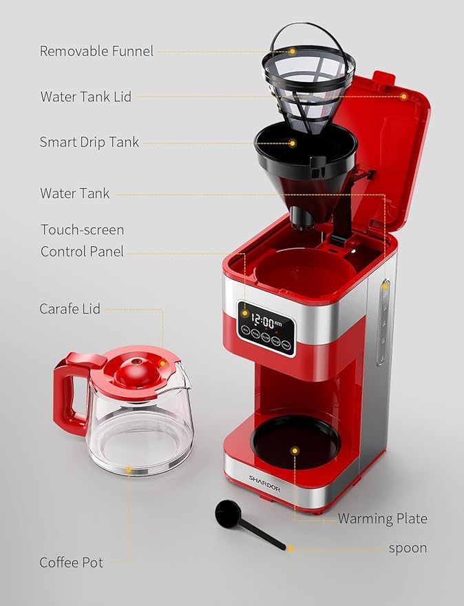 SHARDOR 10-Cup Programmable Coffee Maker Regular &amp Strong Brew Drip Coffee Machine for Home and Office Auto Shut Off Permanent Filter (red)