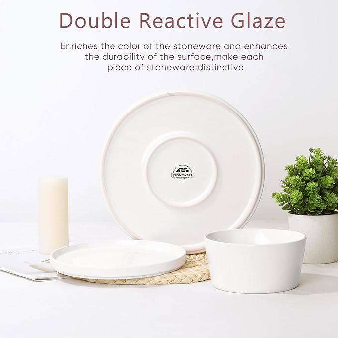 Herogo 24 Pieces Dinnerware Dishes Set for 8 Handmade Stoneware Dining Plates and Bowls Sets Double Reactive Glaze Microwave &amp Dishwasher Safe Scratch Resistant Pearl White