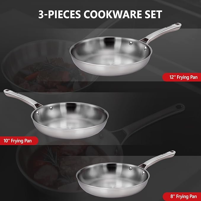 ROVSUN 8-10-12 Inch Stainless Steel Cookware Set 3 pcs Tri-Ply Skillets Set Full Clad Stainless Steel Chef's Pan PFOA &amp PTFE Free Skillets Compatible for All Cooktops Dishwasher &amp Oven Sa