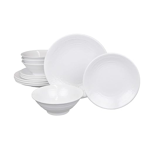 Elite Global Solutions Pebble Creek 12 Piece Premium Melamine Dinnerware Set Service for 4 (Item PEB1081KT-W) White 12