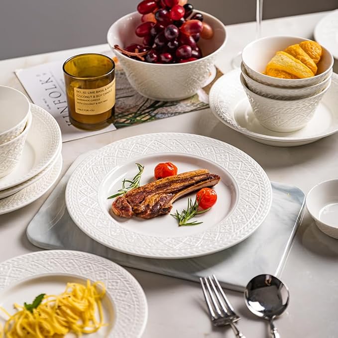 12-Piece White Ceramic Dinnerware Set - Relief Series Service for 4 Includes Bowls &amp 8''/9.6'' Plates Glossy Finish