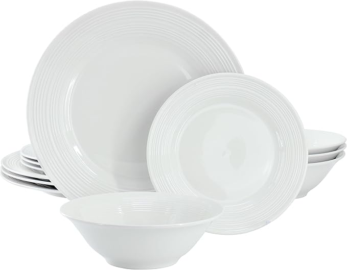 Gibson Home Everyday Embossed 12 Piece Round Ceramic Dinnerware Set in White