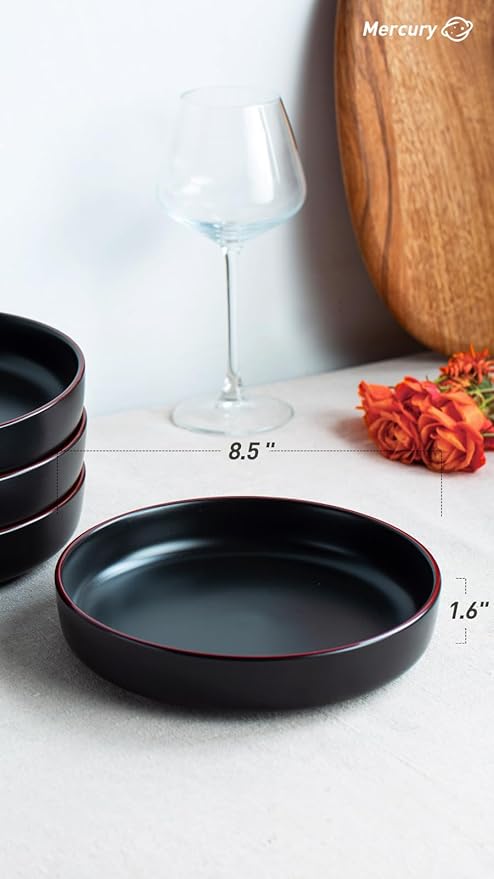 Famiware Venus Dinnerware Sets and Mercury Pasta Bowls Set of 4 16 Pieces Plates and Bowls Sets Microwave and Dishwasher Safe Black