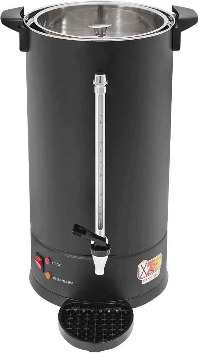 25L Stainless Steel Coffee Urn Hot Water Dispenser Commercial Electric Brewer with Drip Tray No Temp Dial Black Party Catering Church Office Cafeteria Percolator Maker 100-Cup Spigot Tap