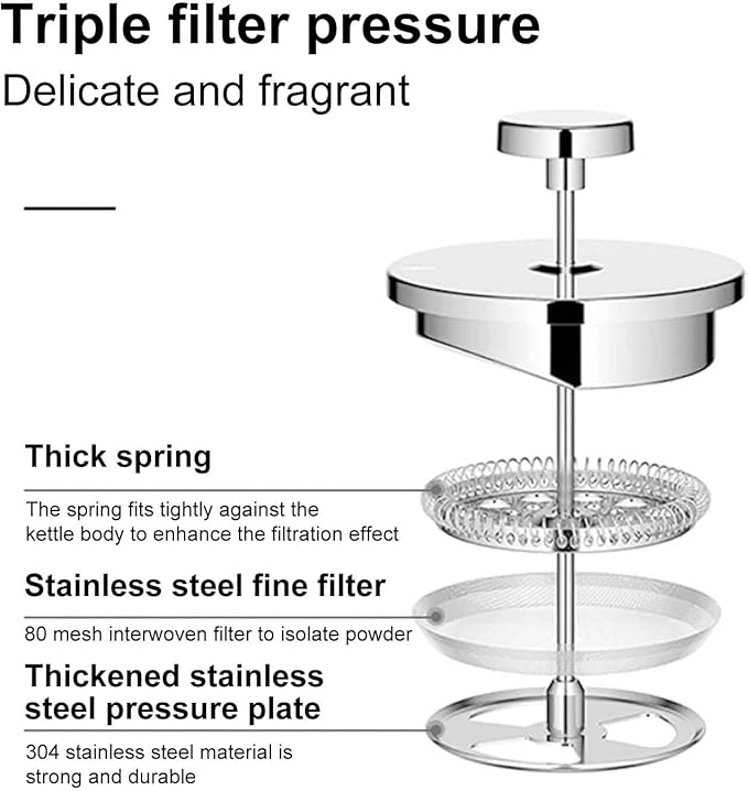 Enfmay 1000ml French Press Coffee Maker 304 Stainless Steel Double Wall Insulated Coffee Maker Pot Triple Filtration System for Optimal Brew Coffee Tea Maker for Home Office Camping