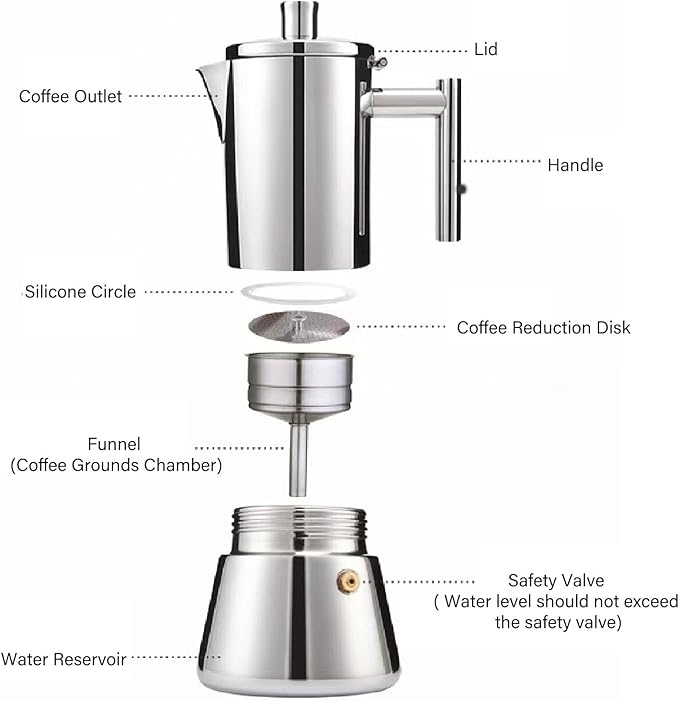 ANGGREK Stovetop Coffee Maker 6 Cup Italian Coffee Pot 304 Stainless Steel Induction Compatible for Home Party Gathering and Camping