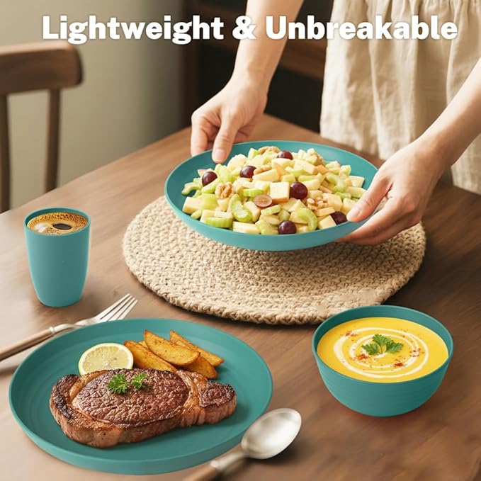 Wheat Straw Dinnerware Sets 32-Piece Service for 8 Unbreakable Kitchen Dishes Set Plastic Plates and Bowls Set with Cups Microwave and Dishwasher Safe Dishware Set for Party- Green