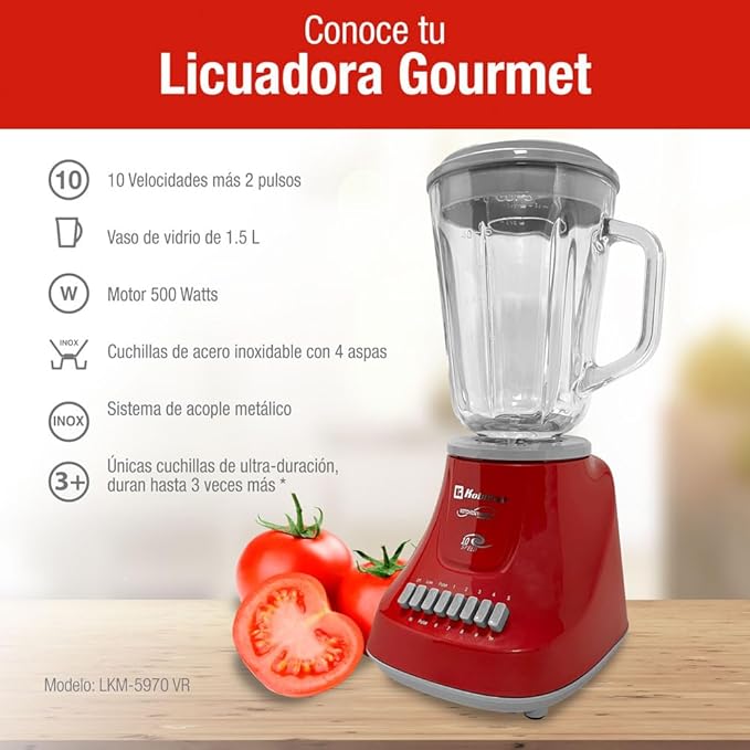 Koblenz LKM-5970 VR Blender 500W Motor 51 Oz. Glass Jar 10-Speed Blender for Smoothies Milkshakes Purees 4 Stainless Steel Blades Metal Coupling Home and Kitchen Appliances Red
