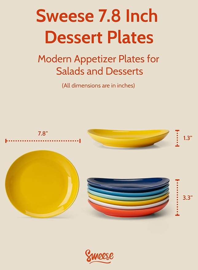 Sweese 7.8 Inch Porcelain Dessert Plates Set of 6 - Dishwasher Microwave Oven Safe Chip-Resistant - Rainbow Palette