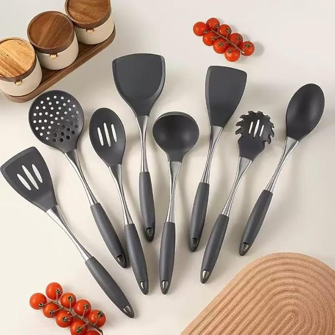 8-Piece White Kitchen Utensil Set with Gold Handles Stainless Steel Cooking Tools Includes Spatulas Ladle Spoons for Nonstick Cookware (silvery and Grey)