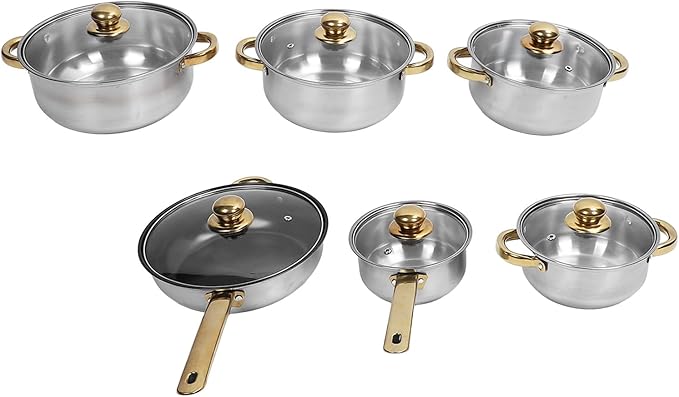 Stainless Steel Cookware Set Premium Kitchen Pots and Pans Set Non - Stick Rustproof Induction Compatible Cookware with Glass Lids Complete Set for Home Restaurant Cooking (Gold Handle)