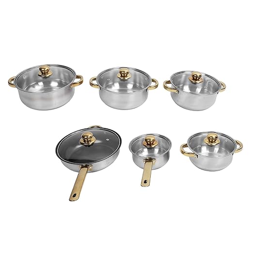 Pots and Pans SetPremium Stainless Steel Cookware Set - Proof and Stick Proof Pan and Pot Set with Gold Handles and Kettle - Ideal for Home Kitchens and Restaurants (Gold Handle)