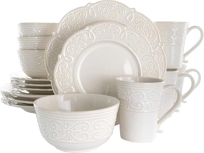 6-Piece Stoneware Dinnerware Set – Textured Plates Bowls &amp Mugs with Elegant High-Gloss Finish (White)
