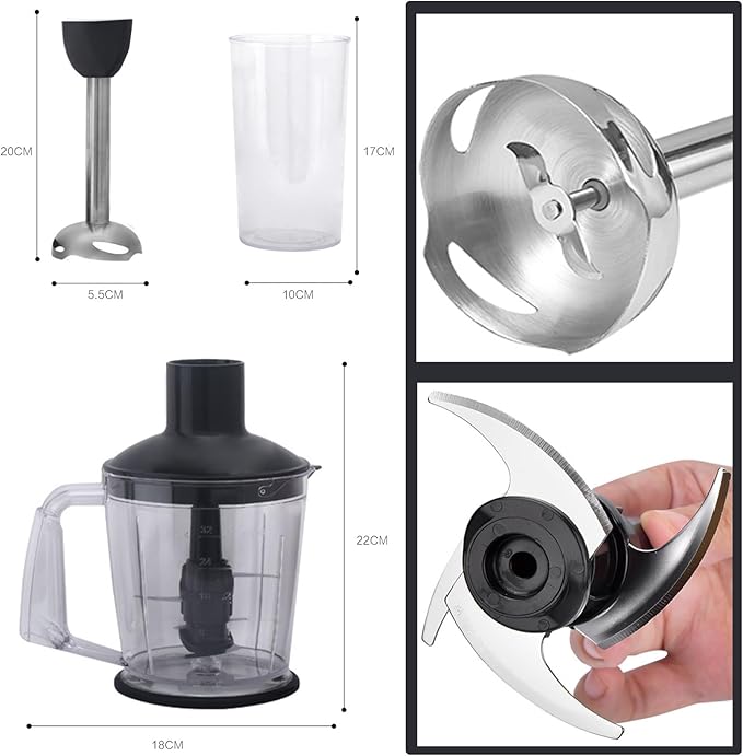 Handheld Immersion Blender 4-in-1 Kitchen Essentials - 2-Speed Electric Whisk with Egg-Beater Muddler Cuisine Cup Chopped Meat Bowl for Sauces and Soups