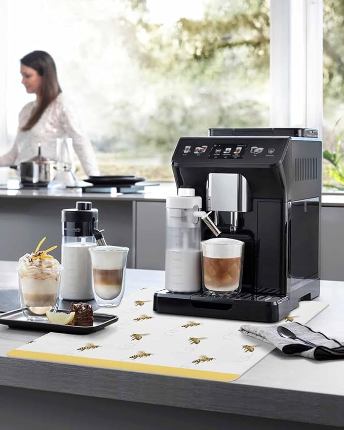 Coffee Mat for Counter Spring Bees Pattern Yellow Stripes Absorbent Hide Stain Coffee Bar Mat Non-slip Coffee Bar Accessories Kitchen Drying Mat Fit Under Coffee Maker Espresso Machine