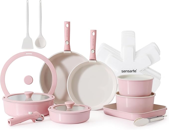 SENSARTE 24 Piece Ceramic Pots and Pans Set Nonstick Detachable Handle Cookware Induction Kitchen Cookware Set with Removable Handle Healthy Non Stick for RV Dishwasher＆Oven Safe PFOA Free (Pink)
