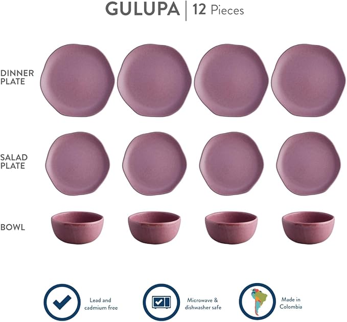 Corona Dinnerware Set 12–piece Plates and Bowls Set Ceramic Sets for 4 Microwave and Dishwasher Safe Gulupa Reactive Glaze Bold &amp Matte Set.