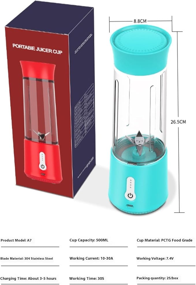 Portable Blender with USB Charging Personal Size Smoothie Maker 500ml Glass Cup 304 Stainless Steel Blades (black)