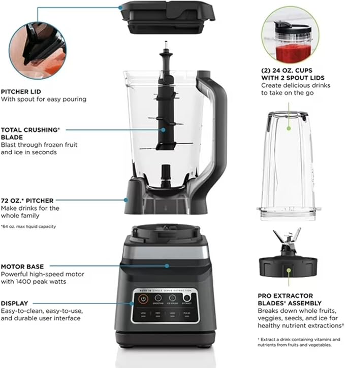 Professional Blender DUO 1400W 72oz Pitcher &amp 2x24oz Cups Auto-iQ Programs Ice Crushing Dishwasher Safe