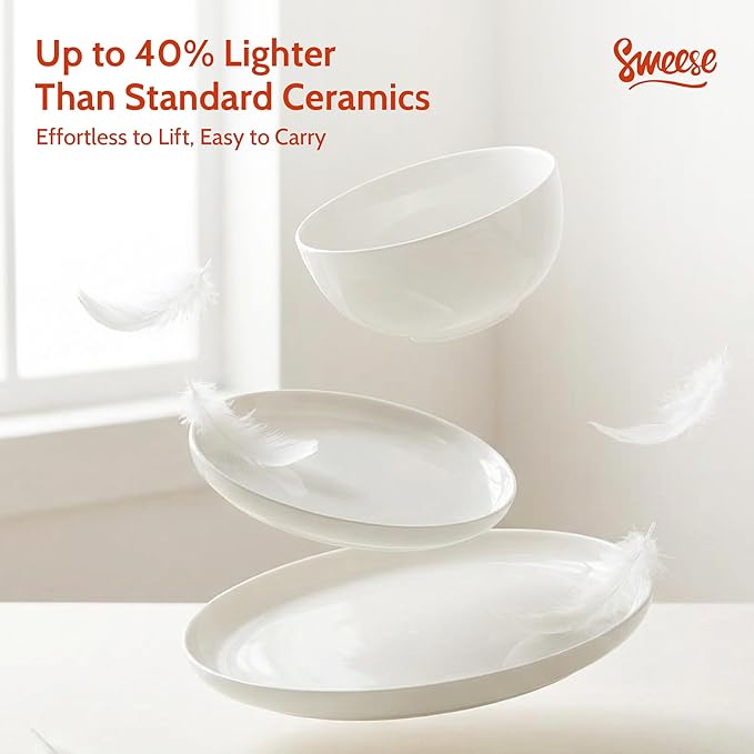 Sweese Porcelain Dinnerware Set of 6 Lightweight Round Plates and Bowls Set - Dishwasher Microwave Oven Safe Scratch Resistant Dinner Sets Kitchen Dishes Set - White