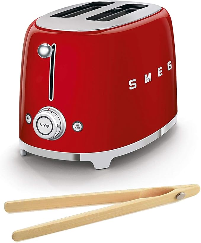 Smeg TSF01RDUS 50's Retro Style Toaster Bundle with Bamboo Tongs - (Red) 2 Slice