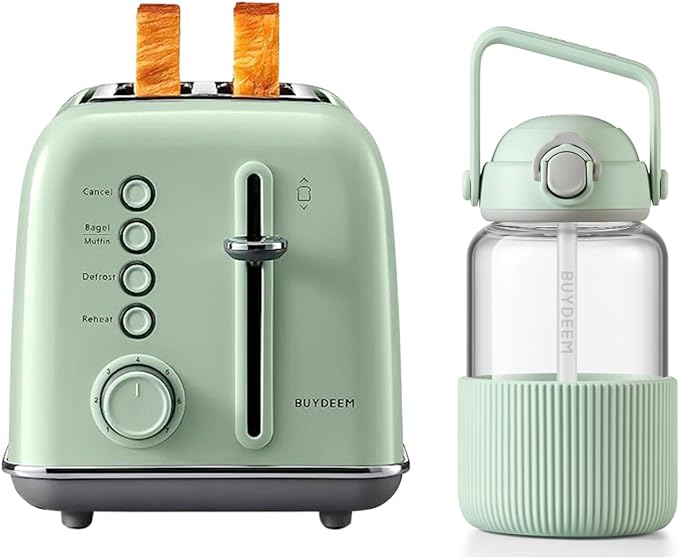 BUYDEEM DT620 2-Slice Toaster with DG710 Glass Water Bottle 34oz Cozy Greenish