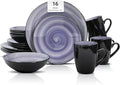 Sonoma Stoneware 16pc Dinnerware Set Outside Black + Inside Hand Painting Color Cobalt