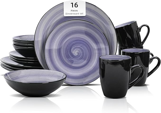 Sonoma Stoneware 16pc Dinnerware Set Outside Black + Inside Hand Painting Color Cobalt