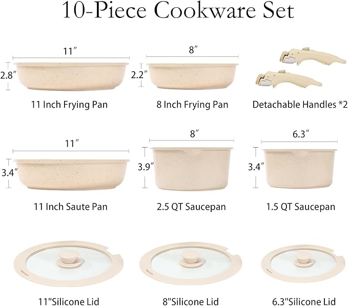ESLITE LIFE Nonstick Cookware Sets with Detachable HandleCeramic Coating Pots and Pans Set Kitchen Cooking Set Compatible with All Stovetops PTFE &amp PFOA Free White 10 Pcs Set