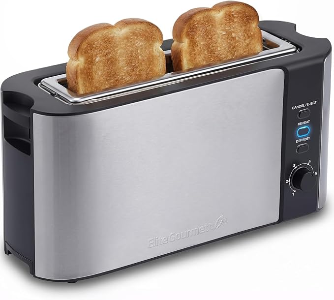 Elite Gourmet ECT3200 2-Slice 1 Long Slot Slim Toaster Reheat 6 Toast Settings Defrost Cancel Functions Built-in Warming Rack Extra Wide Slots for Bagels Waffles Stainless Steel &amp Black