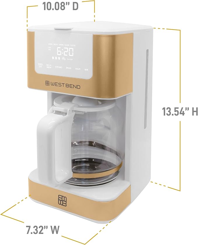 West Bend Timeless 12-Cup Programmable Coffee Maker with Brew Strength Selector for Hot and Iced Coffee Includes 1-4 Cup Brew Option and Permanent Filter