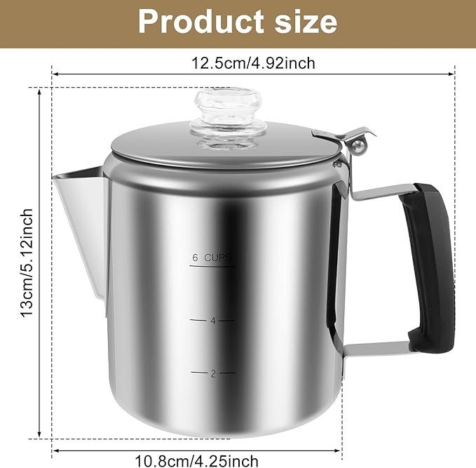 Stainless Steel Coffee Percolator 6 Cup Fast Brew Coffee Maker Percolator with Glass Knob Portable Outdoors Camping Coffee Pot for Gas Stove