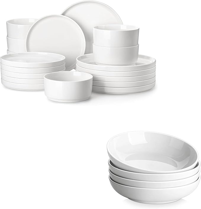 MALACASA 18 Pieces Porcelain Dinnerware Set Bundles 8.85 Large Pasta Bowls Set of 4