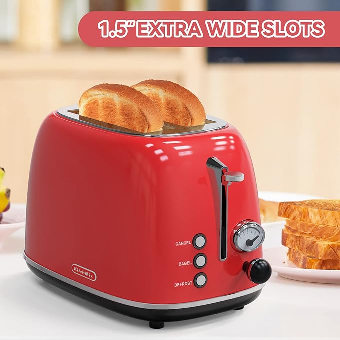 Toaster 2 sliceRetro Stainless Steel Toaster with 6 Settings 1.5 In Extra Wide Slots Bagel/Defrost/Cancel Function Removable Crumb Tray (Red)