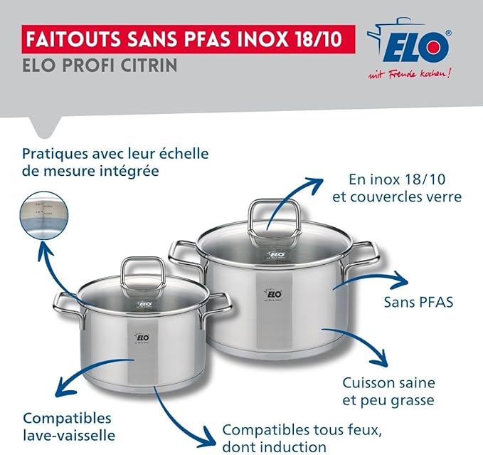 ELO 9508950 Cookware Set 4 Pieces 2 Frying Pans 28 and 32 cm and 2 Saucepans 16 and 20 cm Elo Profi Citrine Stainless Steel Induction