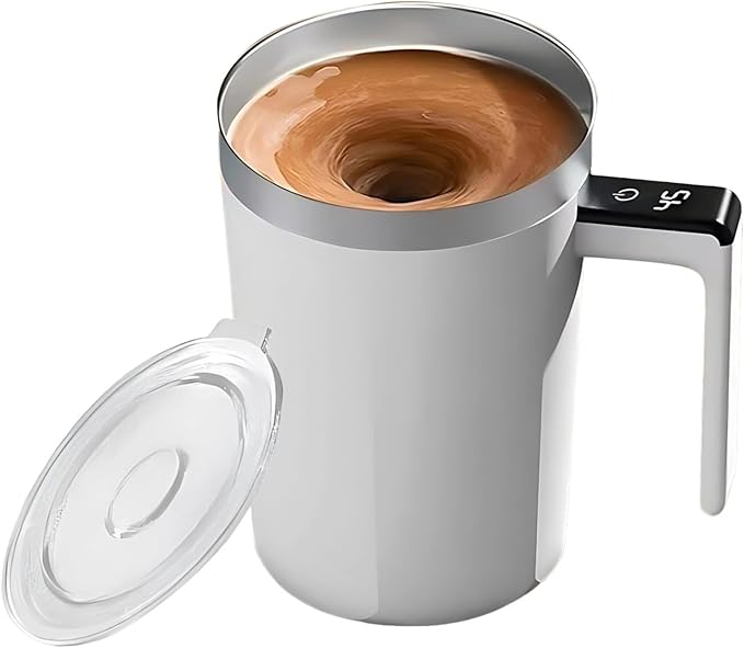 Rechargeable Self-Stirring Electric Mug Stainless Steel Coffee Cup with LCD Temperature Gauge Type-C Charger White Ideal for Hot Drinks