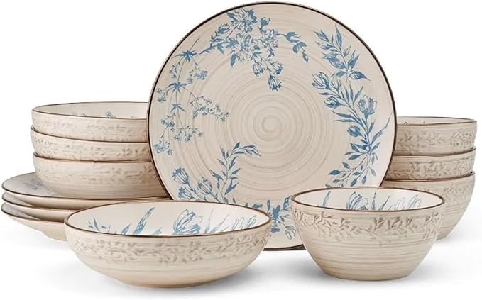 12 Piece Dinnerware Set Service for 4 Family Dinner Party Plate Pasta Bowl Stoneware