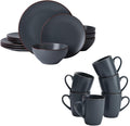 Famiware Venus Plates and Bowls Sets with Coffee Mugs Set 18 Pieces Stoneware Dinnerware Sets Charcoal