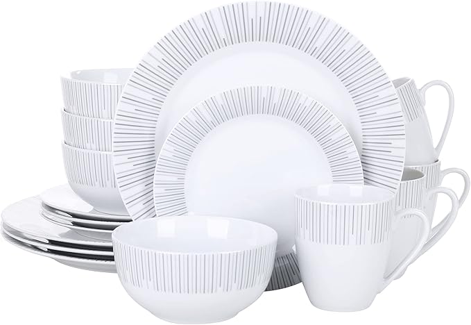 VEWEET Series Frame 16-Piece Dinner Set of Porcelain Combination Set with 10.75 Dinner Plate 7.5 Dessert Plate 5.5 Cereal Bowl and 380ml Mug Service for 4