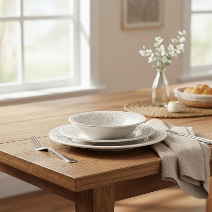 12-Piece Linen Lace Ceramic Dinnerware Set Microwave &amp Dishwasher Safe Rustic Elegance Design 4-Person Set for Daily Family Meals &amp Formal Entertaining