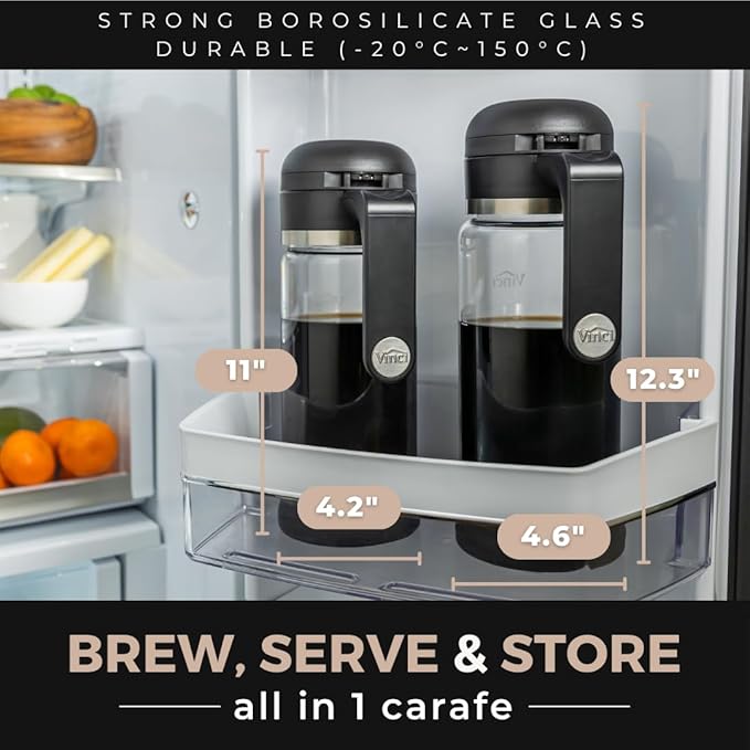 VINCI Cold Brew 360 Glass Cold Brew Coffee Maker Featuring Patented Dual Filter 360 Brewing Technology Cold Brew for Iced Coffee (2.0 Liter / 68 FL.OZ)