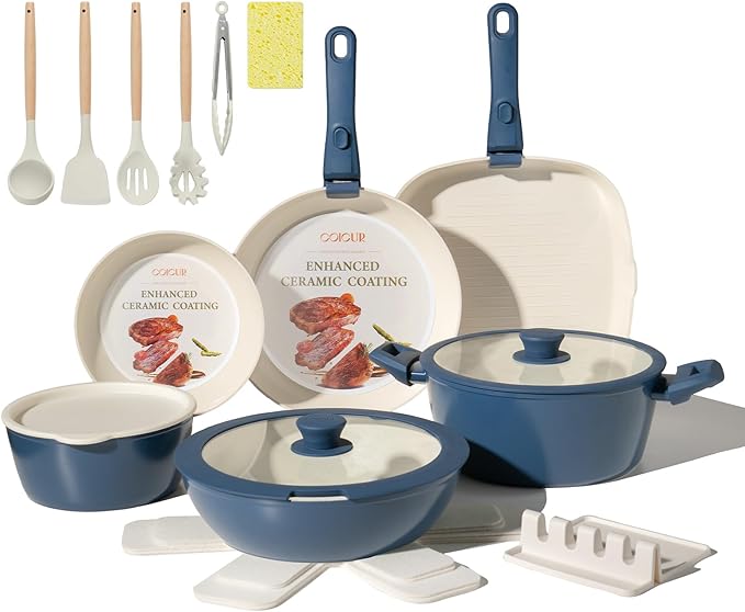 23Pcs Ceramic Cookware Set Non Stick Pots and Pans Set Non Toxic with Detachable Handle Induction Kitchen Cookware Set Space Saving Oven &amp Dishwasher Safe Navy