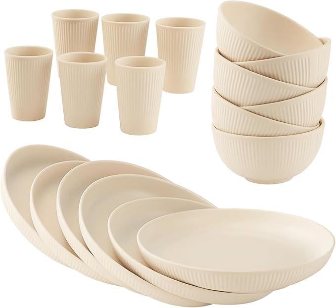 18 Pcs Dinnerware Set from Wheat Straw Vertical Ribbed Design Microwave and Dishwasher Safe Unbreakable Dinner Plates Bowls &amp Cups for Family Use