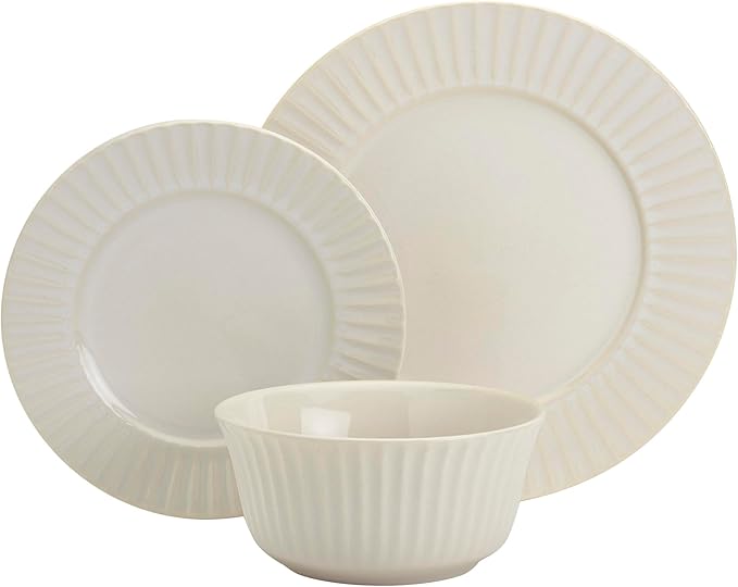 Tabletops Gallery Richmond 12-Piece Reactive Glaze Stoneware Dinnerware Set of Kitchen Dishes Dinner Plates Cereal Bowls Service for 4 White