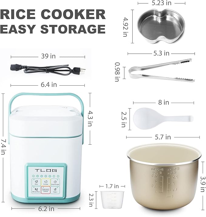 TLOG Mini Rice Cooker 2.5 Cups Uncooked Healthy Ceramic Coating Portable Rice Maker 1.2L Travel Rice Pot Small for 1-3 People Personal Rice maker Food Steamer Multi-cooker for Grains Oats