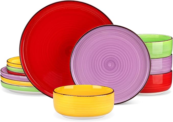 vancasso Bonita Stoneware Dinnerware Sets 12 Pieces Dishes SetPolished Round Plates and Bowls Set for 4 Dishwasher and Microwave Safe Multicolor