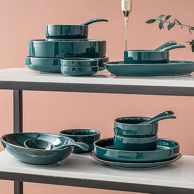 Dinnerware Set Plates and Bowls Sets Bowl/Dish/Spoon|Green Gold Rim Pattern Dinnerware Set Nordic Minimalist Style Porcelain Combination