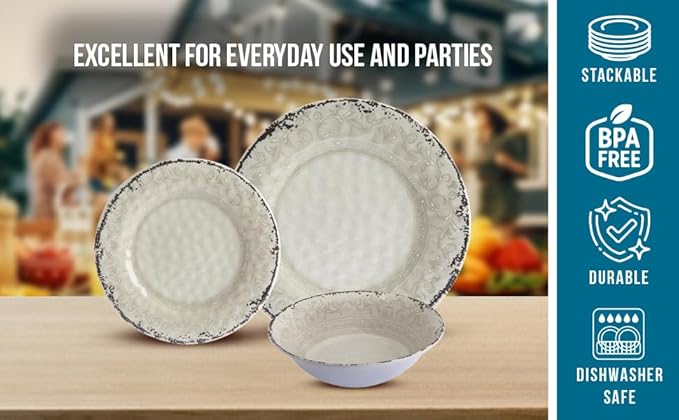 Melamine Dinnerware Sets Service for 4. Unbreakable Dishes. Scratch Resistant Melamine Ware. Plates and Bowls. Dishwasher Safe Platos De Melamina Baroque Design. Beautifully Packaged Gift Box