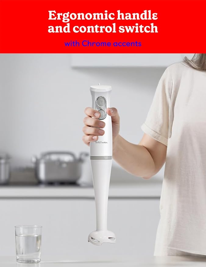 Betty Crocker 2-Speed Hand Blender with 20-Ounce Mixing Beaker Immersion Blender 300W Motor 450W Peak Power Soft-Touch Pulse Control Stainless Steel Blade BPA Free BC-4307W White